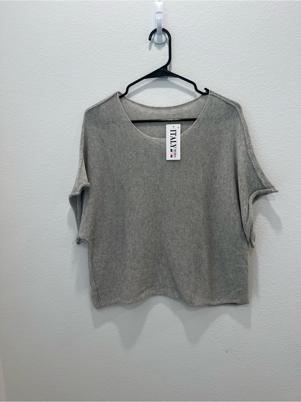ITALY Knit Boxy Short Sleeve Sweater - Light Gray size OS